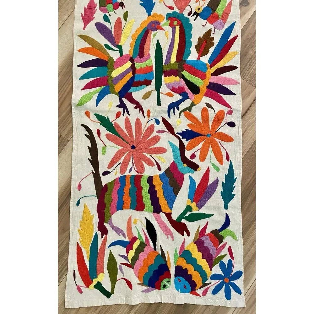 Vintage Hand Embroidered Mexican Otomi Table Runner 74 x 16.75 in. Multicolored